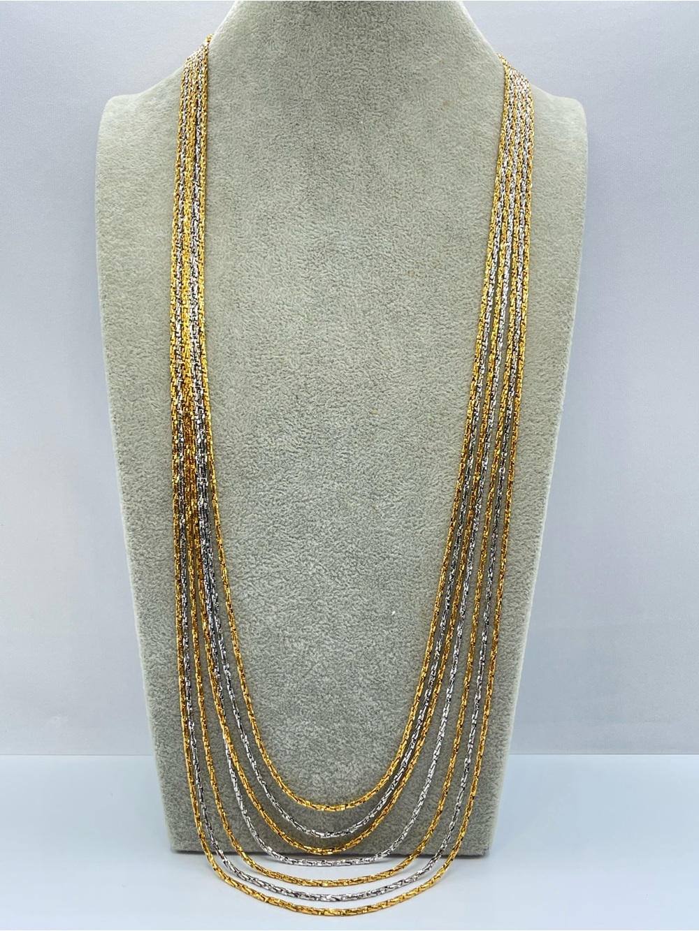 Vintage Crown Trifari Two Tone Gold Silver Multi Strand Chain Necklace